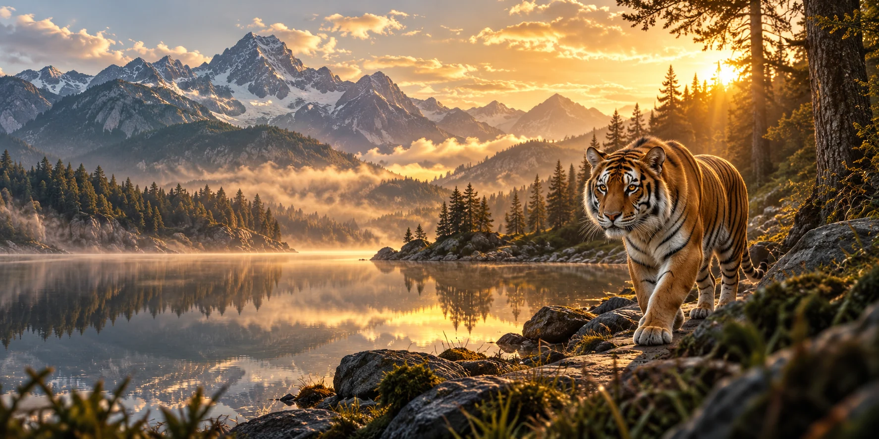 Illustrated wild tiger in a deep, layered forest landscape.