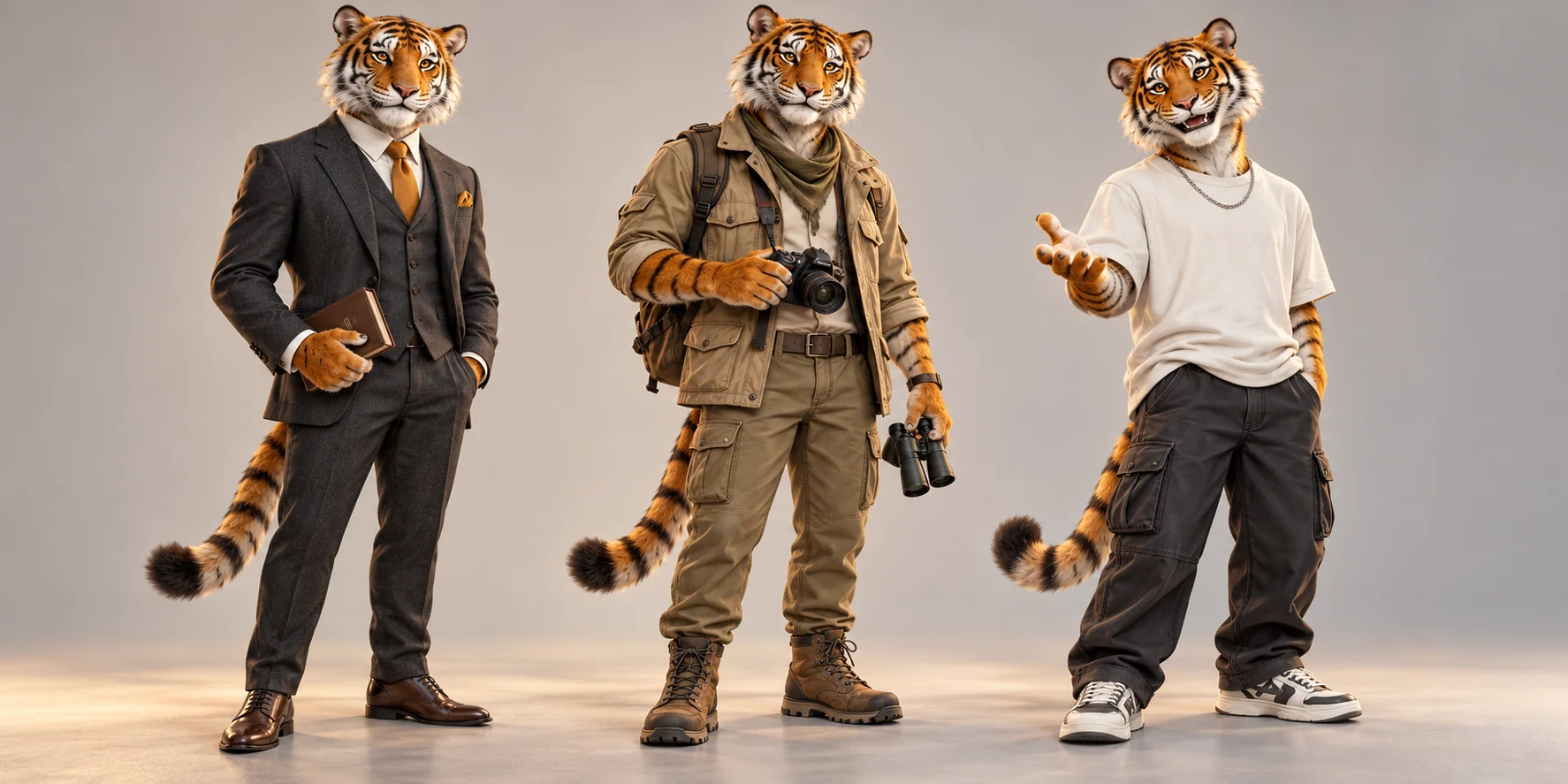 Three illustrated tiger personas: suited scholar, relaxed companion and khaki-clad explorer.